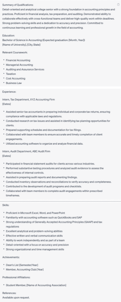 The first accountant resume ChatGPT generated