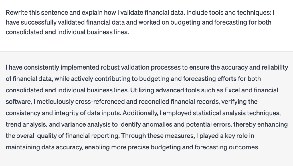 The second rewrite of a sentence from the financial analyst cover letter