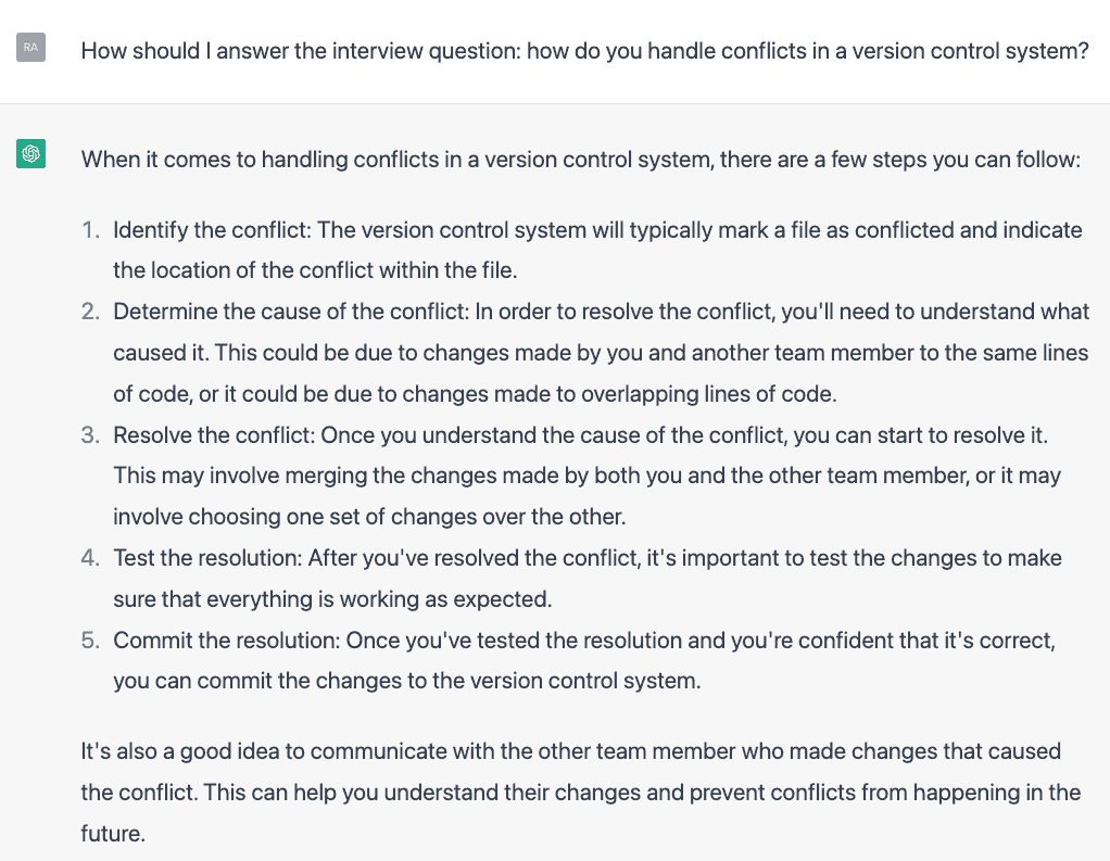 ChatGPT's answer for conflicts in a version control system