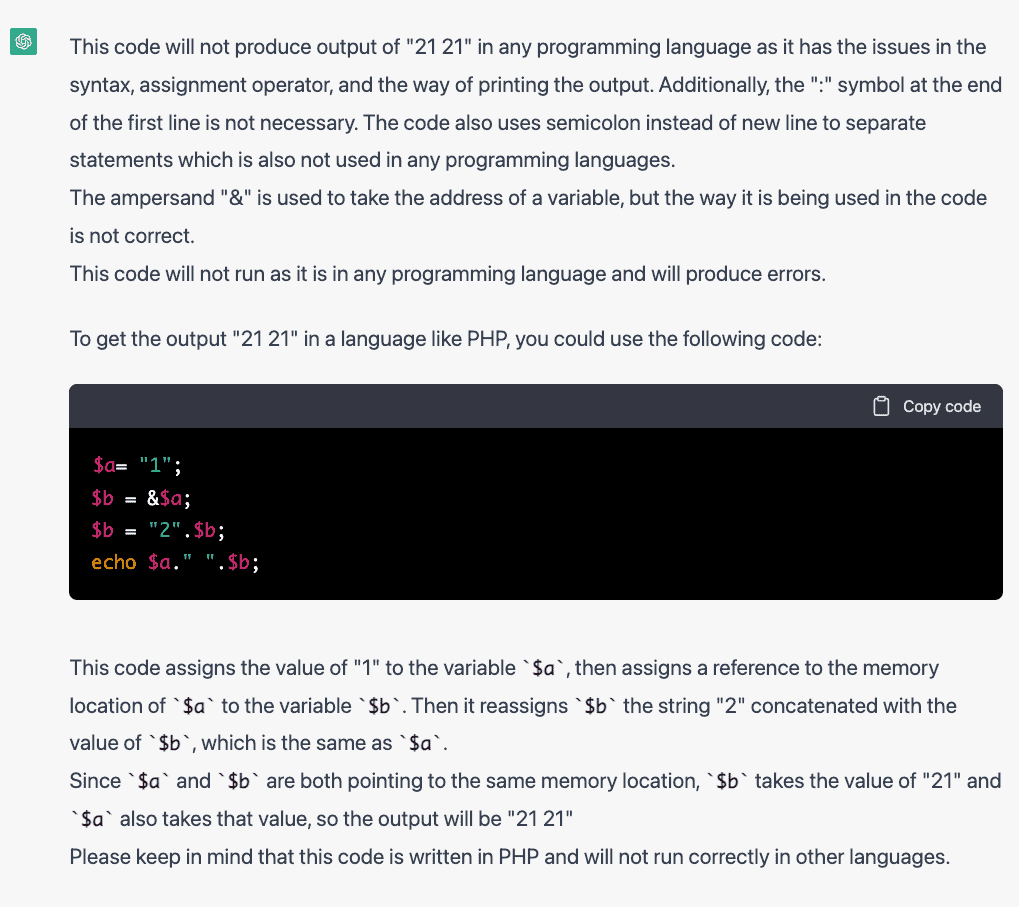 ChatGPT's explanation of making the code output result 21 21