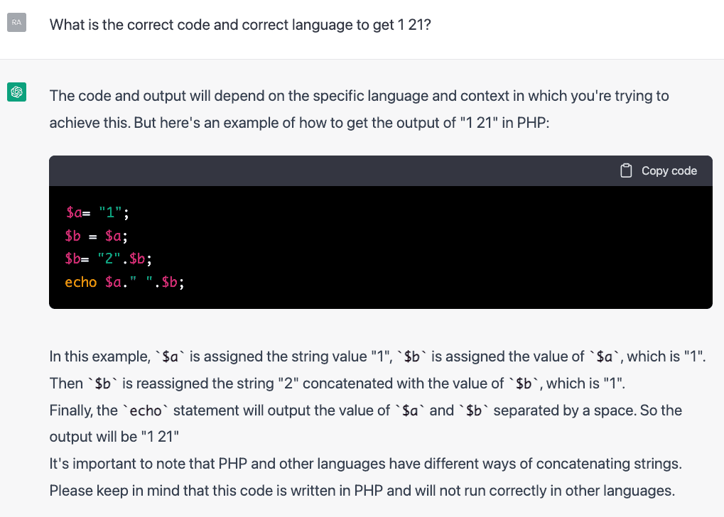 ChatGPT explaining how to make the code output be 1, 21