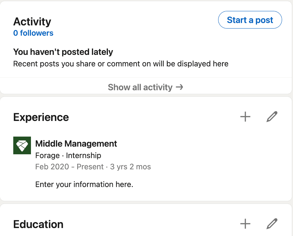 The experience section of your profile before adding your promotion