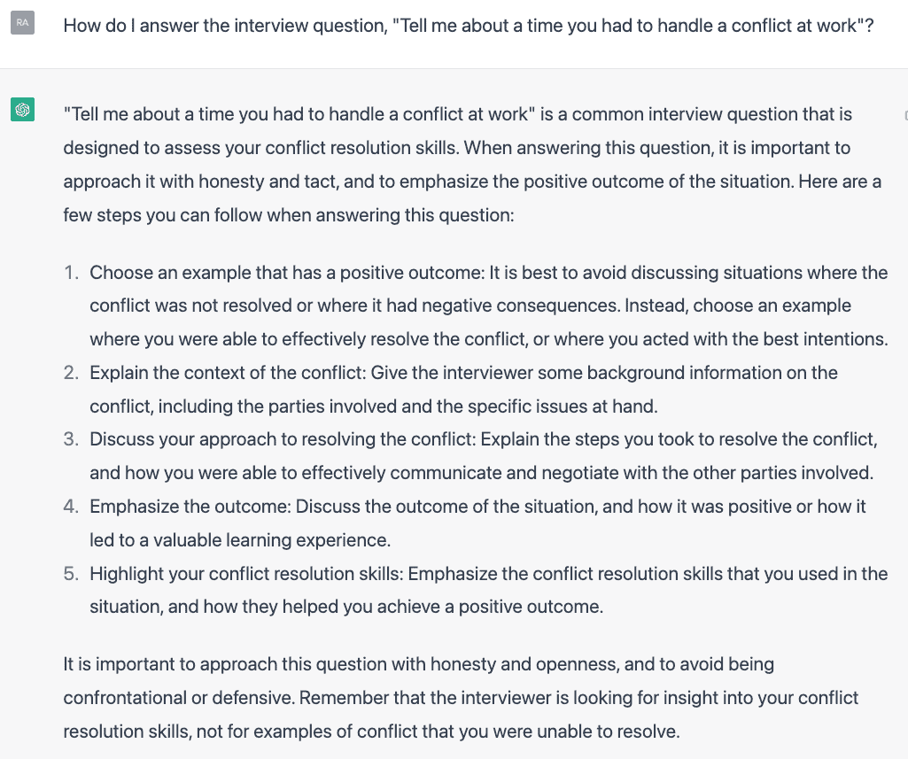 ChatGPT explaining how to handle conflict at work interview question