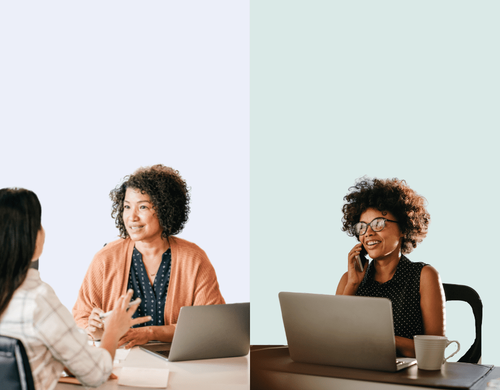 hiring manager talking to candidate on left side of image, recruiter talking on the phone on the right side