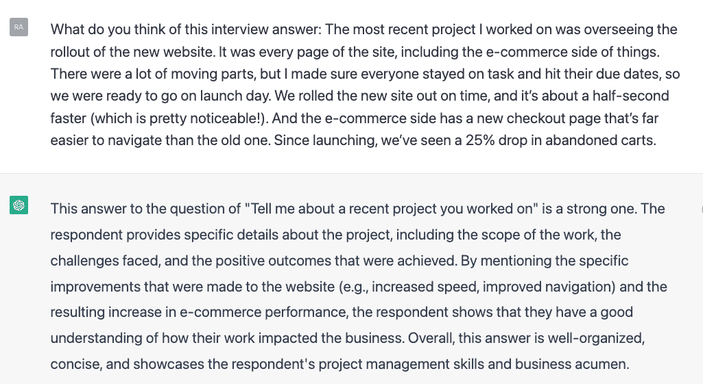ChatGPT evaluating our answer to an interview question about a recent project