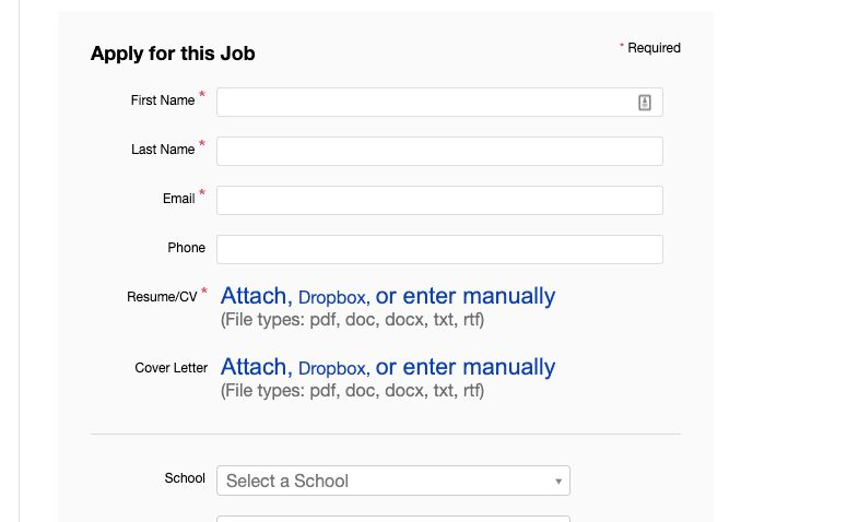 Picture of the front end of an applicant tracking system indicating what files the ATS accepts