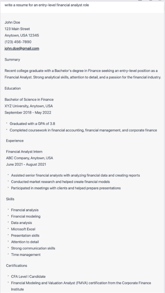 The resume ChatGPT created for an entry-level financial analyst