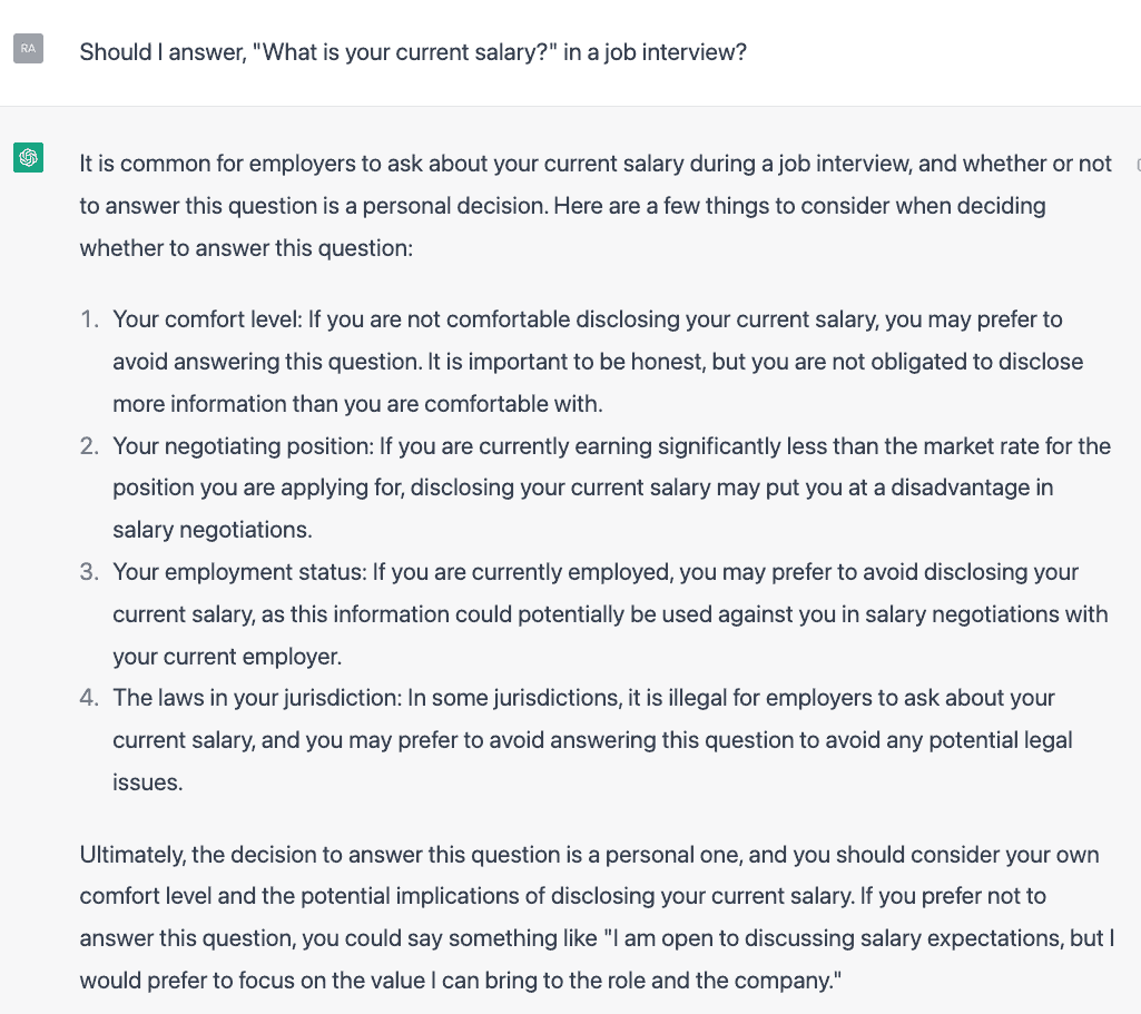 ChatGPT's advice for handing interview questions about your current salary